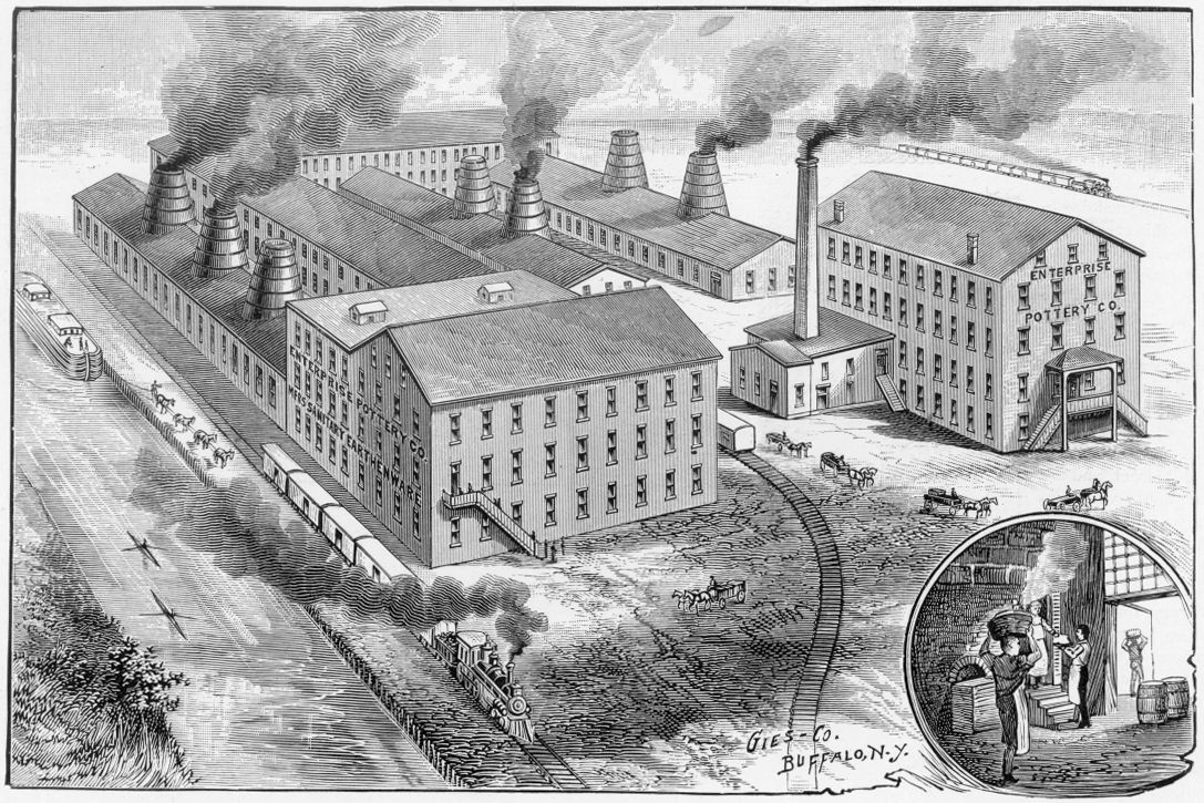 Engraving of the Enterprise Pottery.  From Elstner, J. M. and Co.  New Jersey's leading cities illustrated: Historical biographical commercial review of the progress in commerce, the professions and in social, municipal life; 1899.